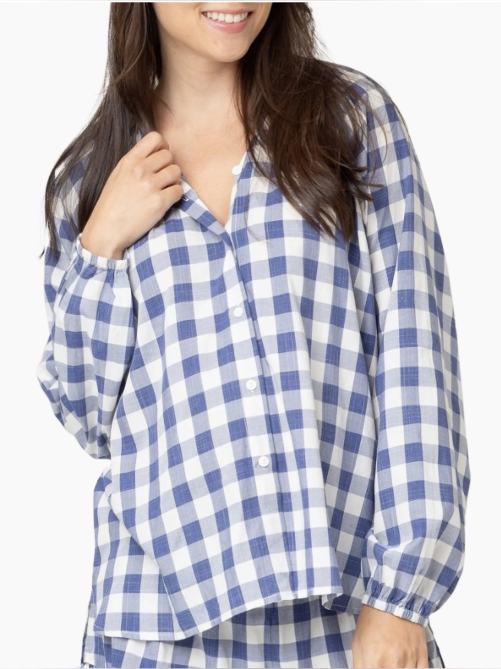 Nom Blue Gingham Peasant Blouse Size M Boho Plaid 3/4 Sleeve Top